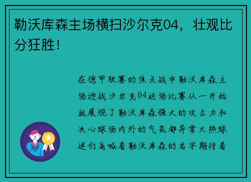 勒沃库森主场横扫沙尔克04，壮观比分狂胜！