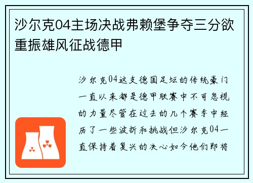 沙尔克04主场决战弗赖堡争夺三分欲重振雄风征战德甲