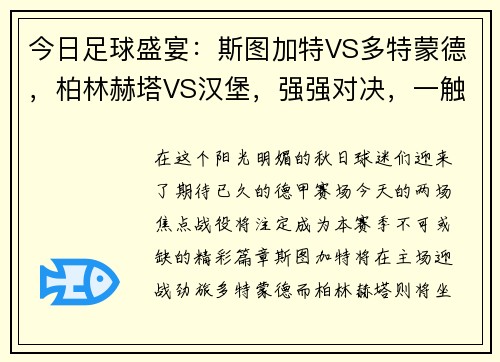 今日足球盛宴：斯图加特VS多特蒙德，柏林赫塔VS汉堡，强强对决，一触即发！
