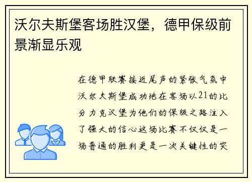 沃尔夫斯堡客场胜汉堡，德甲保级前景渐显乐观