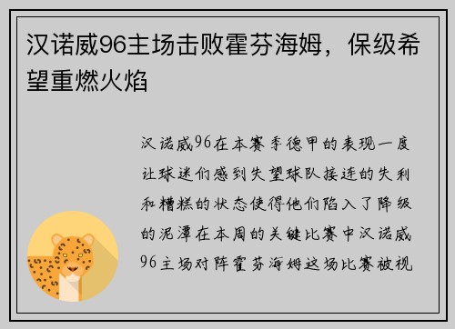 汉诺威96主场击败霍芬海姆，保级希望重燃火焰