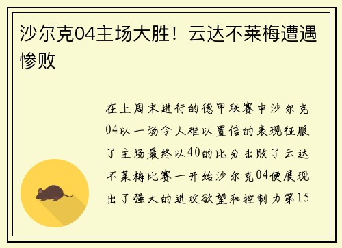 沙尔克04主场大胜！云达不莱梅遭遇惨败