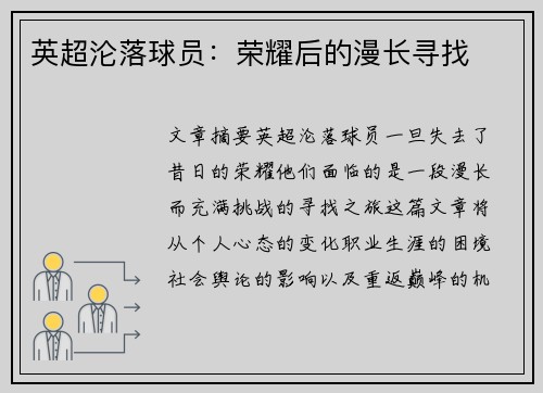 英超沦落球员：荣耀后的漫长寻找
