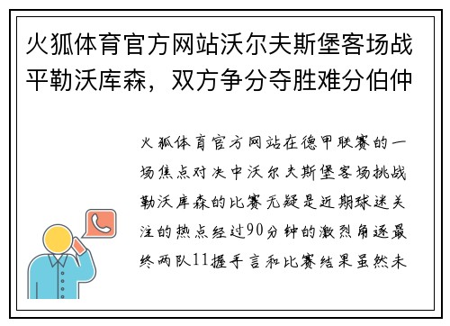 火狐体育官方网站沃尔夫斯堡客场战平勒沃库森，双方争分夺胜难分伯仲